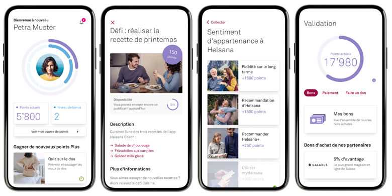 Programme de bonus Helsana+  – un mode de vie sain est payant Les personnes qui s'alimentent sainement et font régulièrement du sport adoptent un style de vie sain et sont récompensées par la caisse-maladie Helsana. Participez au programme de bonus Helsana+. Helsana vous récompense pour les prestations que vous avez fournies en vous versant en espèces les points supplémentaires que vous avez obtenus.