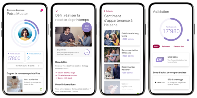 Programme de bonus Helsana+  – un mode de vie sain est payant Les personnes qui s'alimentent sainement et font régulièrement du sport adoptent un style de vie sain et sont récompensées par la caisse-maladie Helsana. Participez au programme de bonus Helsana+. Helsana vous récompense pour les prestations que vous avez fournies en vous versant en espèces les points supplémentaires que vous avez obtenus.
